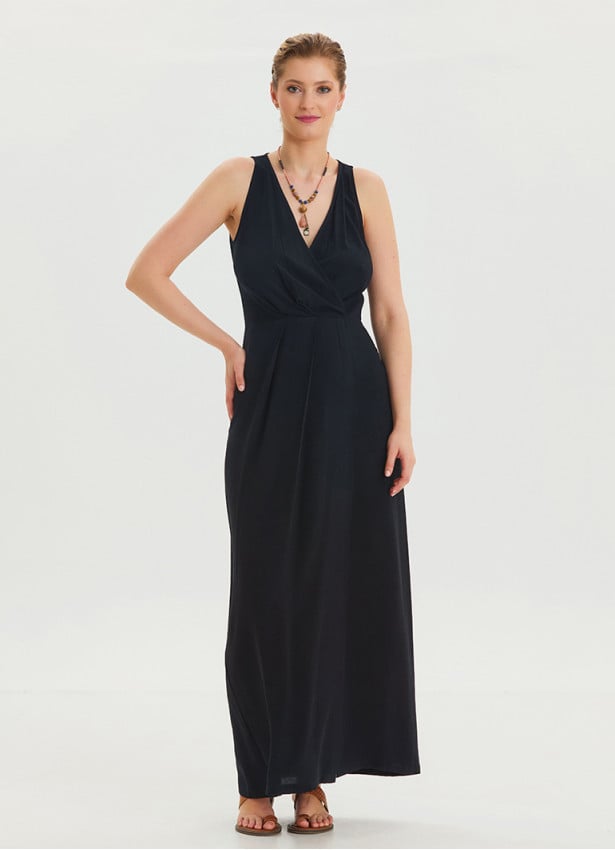 V Neck Slit Detailed Black Long Dress 4454